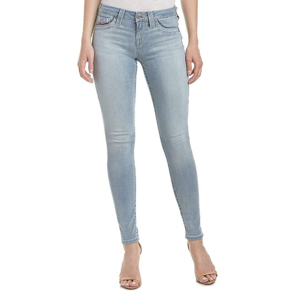 True Religion Women's Super Skinny Red Horseshoe Stitched Jeans in Chill Indigo - Picture 2 of 3